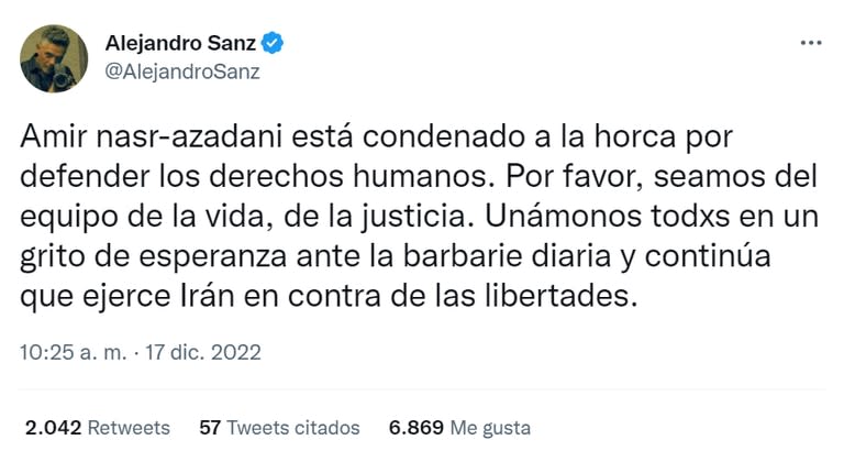 Alejandro Sanz se refirió a la condena del futbolista iraní Amir Nasr-Azadani