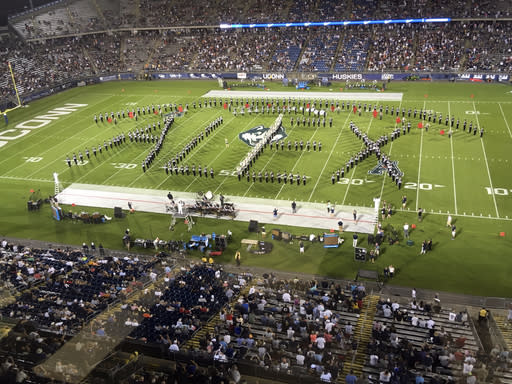 Alex Schachter, who was killed in the February shooting at Marjory Stoneman Douglas High School, was honored by the UConn marching band, which spelled out his name during its halftime show in its season opener against Central Florida on Thursday night. (AP Photo/Pat Eaton Robb)