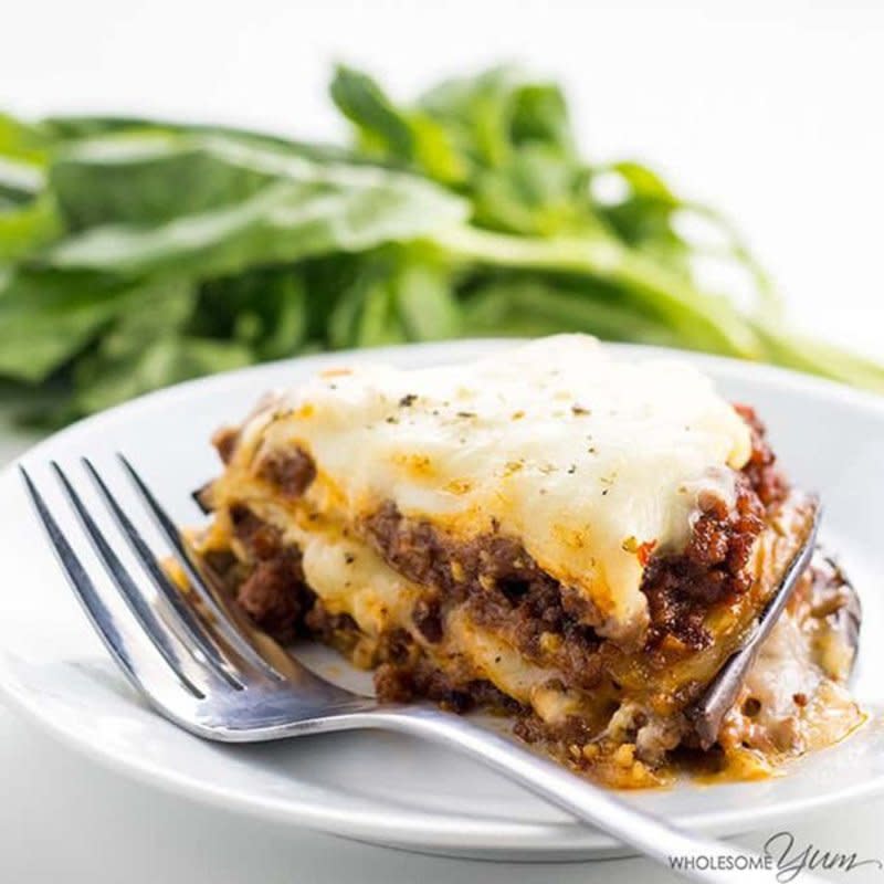 <p>Wholesome Yum</p><p>This healthy low-carb eggplant lasagna recipe without noodles is quick and easy to make, using simple ingredients. Just 20 minutes prep time!</p><p><strong>Get the recipe: <a href="https://www.wholesomeyum.com/recipes/eggplant-lasagna-recipe-without-noodles-low-carb-gluten-free/" rel="nofollow noopener" target="_blank" data-ylk="slk:Eggplant Lasagna Without Noodles;elm:context_link;itc:0;sec:content-canvas" class="link ">Eggplant Lasagna Without Noodles</a></strong></p>