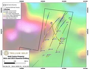 Plan showing drill holes GC21-01 through GC22-11 on the Gold Centre Property, all historical drill holes, and regional magnetics survey.