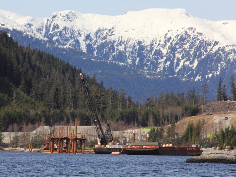 FILE PHOTO: Cranes in the water at the Kitimat LNG site near Kitimat, in northwestern British Columbia