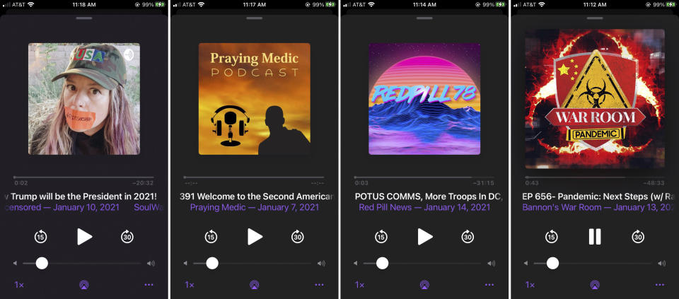 This combination of photos shows various podcasts, Friday, Jan. 15, 2021. Major social platforms have been cracking down on the spread of misinformation and conspiracy theories in the wake of the Jan. 6 riot at the Capitol. But Apple and Google, among others, have left open a major loophole: Podcasts. (AP Photo/David Hamilton)