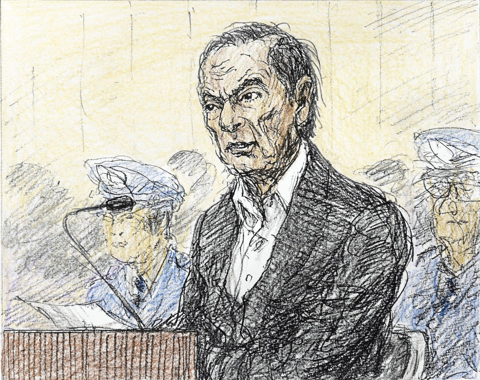 FILE - This Jan. 8, 2019, file courtroom sketch, depicts former Nissan chairman Carlos Ghosn in a courtroom at the Tokyo District Court in Tokyo. Ghosn’s lawyers appealed on Thursday, Jan. 17, 2019, to a court rejection earlier this week to their request for his release on bail. The appeal comes two days after the Tokyo District Court turned down a bail request by Ghosn’s lawyer, prolonging his detention. (Nobutoshi Katsuyama/Kyodo News via AP, File)