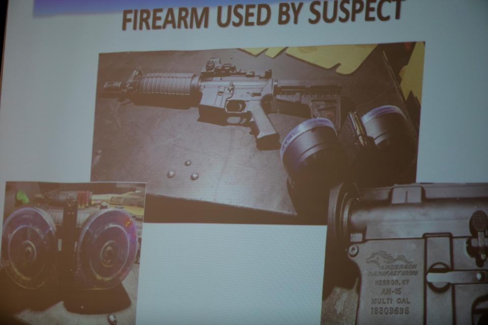 The firearm used by the shooter Connor Betts, 22, is projected on a screen during a press conference about a mass shooting that left ten dead, including the shooter, and 26 injured along the 400 block of E. Fifth Street, Sunday, Aug. 4, 2019, in Dayton , Ohio. 