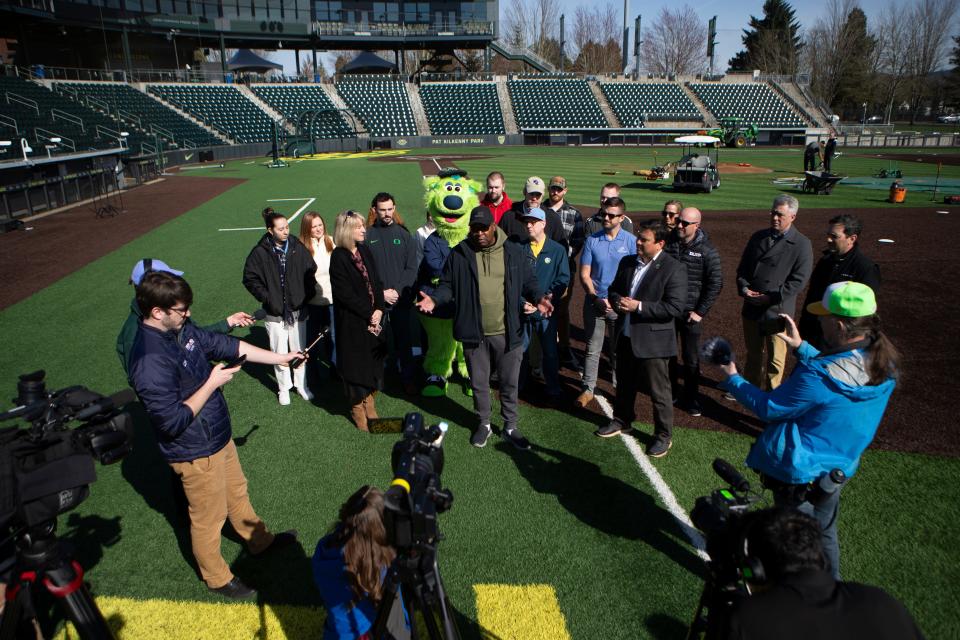 Oregon Sen. James Manning Jr. speaks to members of the media during an event to discuss a new home for the Eugene Emeralds at PK Park Friday, March 8, 2024 in Eugene.