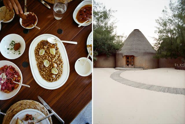 <p>Michael Turek</p> From left: Lunch at Kisawa includes a dish of sausage with fenugreek, bulgur, and seven spices; the design of Kisawa’s spa was inspired by local grass-roofed architecture.