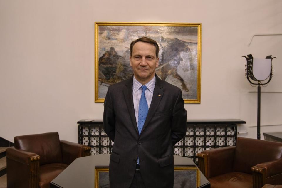 Radosław Sikorski, the Minister of Foreign Affairs of Poland, during an interview for The Kyiv Independent in Warsaw, Poland on April 2, 2024. (Tetiana Pavliuk / The Kyiv Independent)