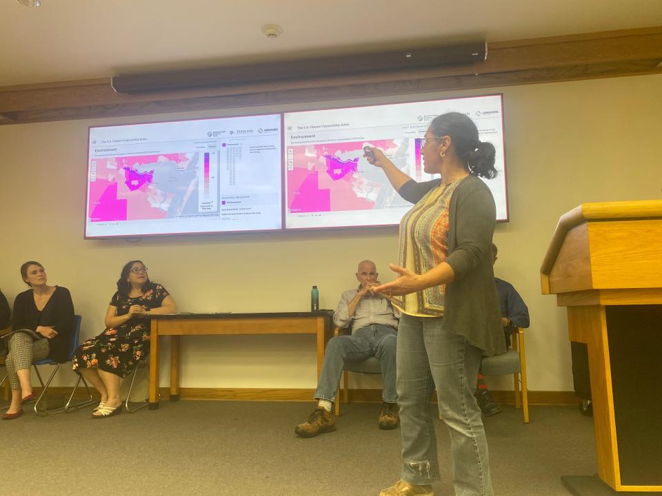 Assistant professor of sociology Isabel Araiza discusses how institutional racism has impacted Corpus Christi at Del Mar College's Race Matters symposium Tuesday.