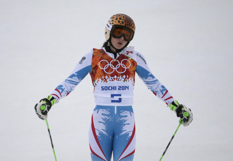 Austria's Anna Fenninger catches her breath after completing the first run in the women's giant slalom at the Sochi 2014 Winter Olympics, Tuesday, Feb. 18, 2014, in Krasnaya Polyana, Russia.(AP Photo/Gero Breloer)