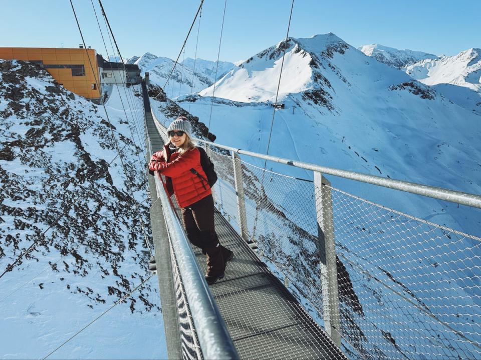 The author mid-crossing on the Bad Gastein suspension bridge (Adam Batterbee)