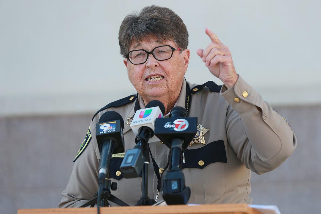 Doña Ana County Sheriff Kim Stewart addresses the media during a press conference on Dec. 22, 2021