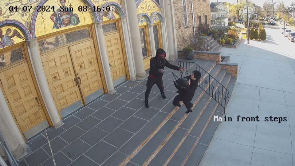 Surveillance video from the church caught the brute pushing the woman backward down the stairs. Courtesy St. Demetrios Greek Orthodox Church