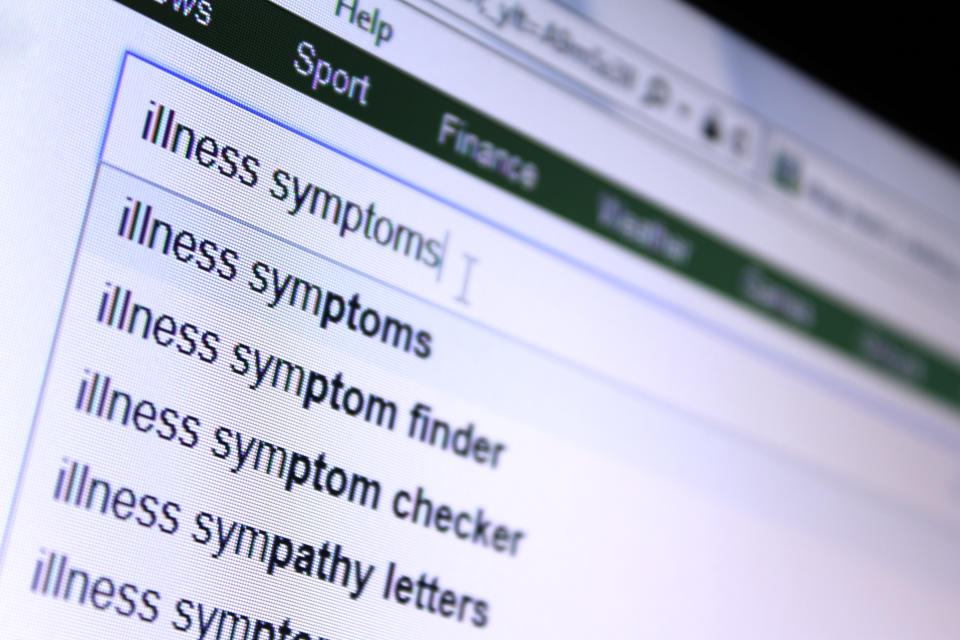 Screengrab of the words 'illness symptoms' being typed into a search engine to demonstrate looking online for self diagnosis of symptoms