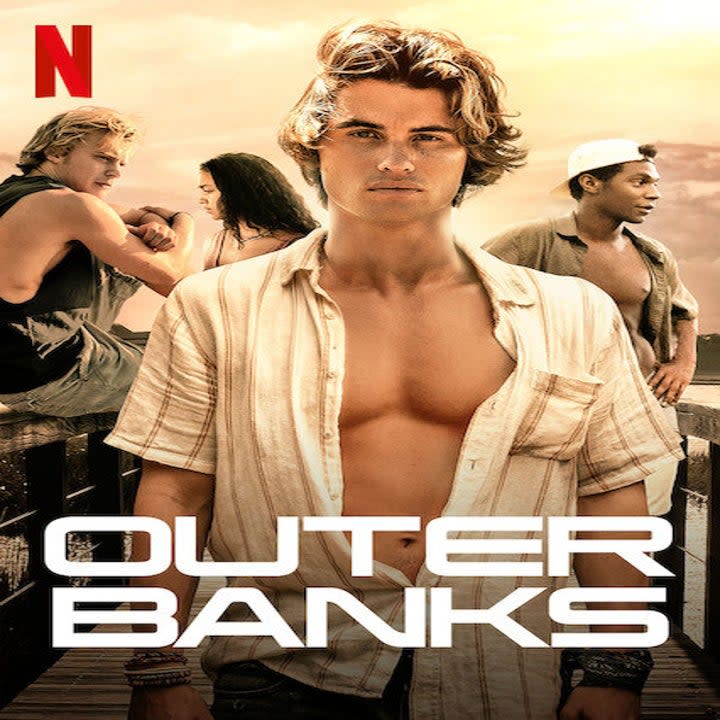 Promo image for Outer Banks, showing young male actor and young female actor standing close to each other with open sky behind them.