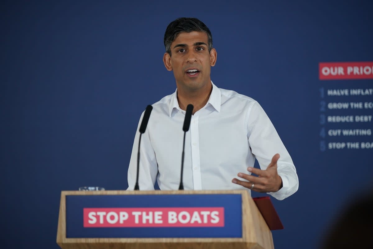 Prime Minister Rishi Sunak speaking during a press conference at Western Jet Foil in Dover, as he gives an update on the progress made in the six months since he introduced the Illegal Migration Bill under his plans to "stop the boats". (PA)