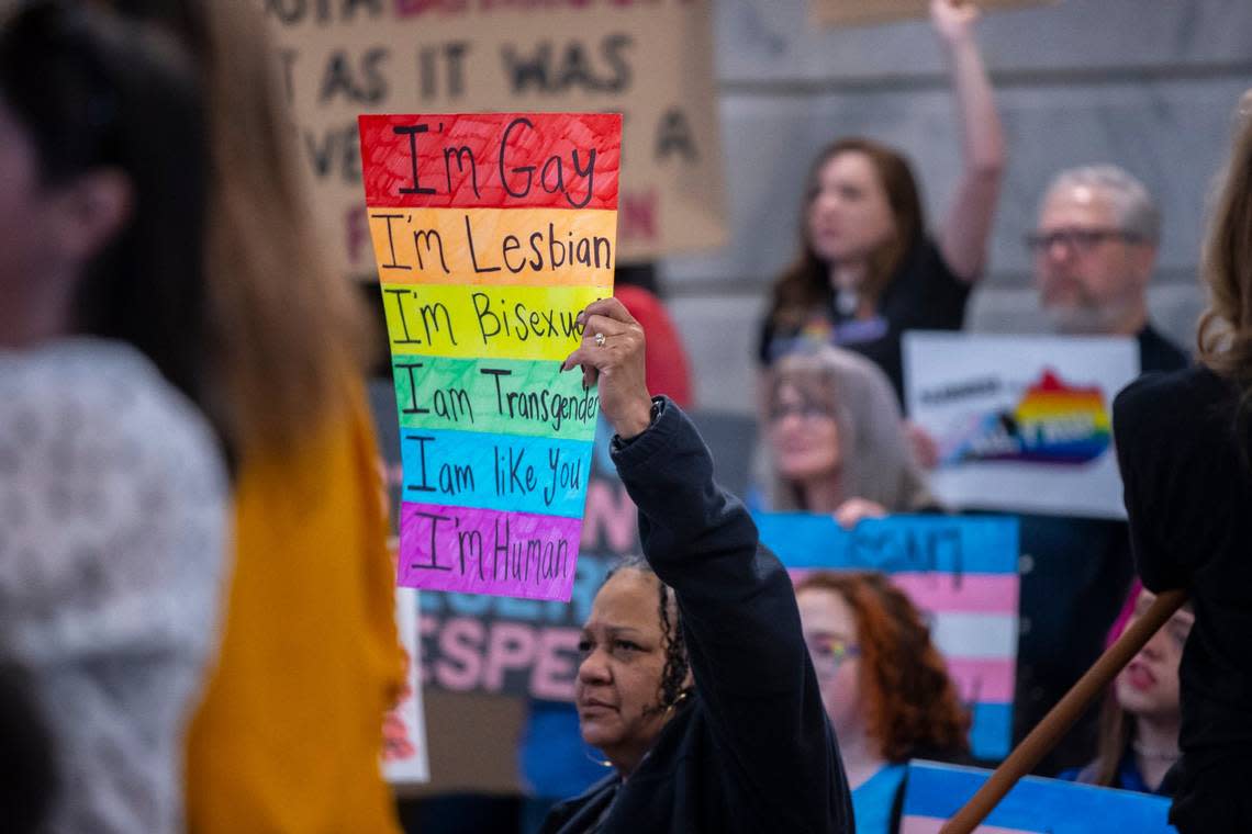 People attend the Fairness Rally at the Kentucky state Capitol in Frankfort, Ky., on Wednesday, Feb. 15, 2023.