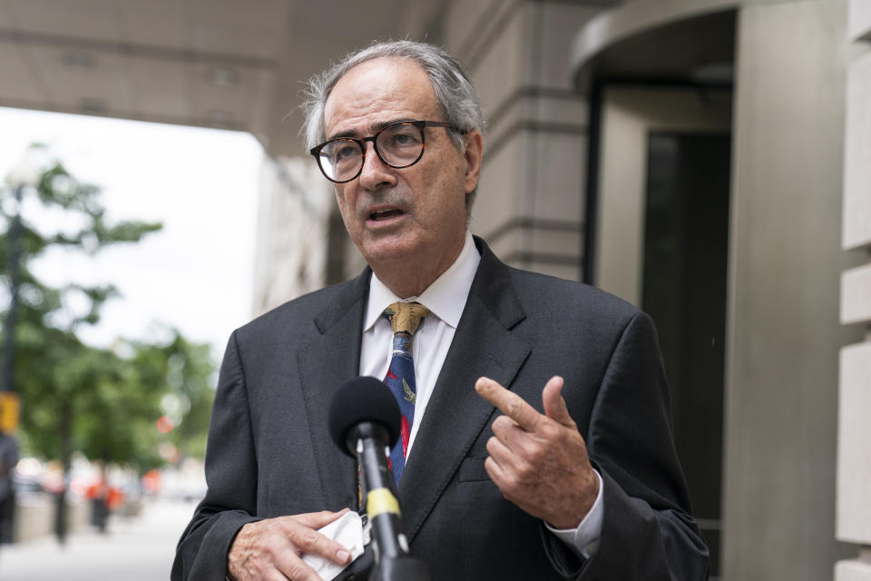 Attorney Ed Tarpley, speaks with reporters as he departs federal court, Wednesday, Sept. 7, 2022, in Washington. Tarpley filled a motion to represent Stewart Rhodes in the high-profile seditious conspiracy trial for the leader of the far-right Oath Keepers extremist group. U.S. District Judge Amit Mehta rejected a last-minute bid to replace his attorneys and delay his case. Mehta said Rhodes' suggestion that his lawyers are not providing effective counsel appear to be “complete and utter nonsense” and questioned why concerns about his lawyers are surfacing for the first time just weeks before trial. “The notion that you are going to create the kind of havoc that you will — and havoc is the only appropriate word I can think of — by moving Mr. Rhodes' trial, not going to happen,” Mehta told Tarpley whom Rhodes wanted as his new lawyer. (AP Photo/Alex Brandon)