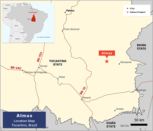 Almas location map, Tocantins, Brazil.