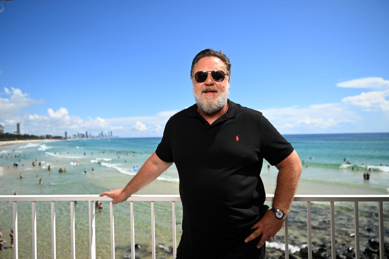 BURLEIGH HEADS, AUSTRALIA - JANUARY 28: Australian actor and AACTA President, Russell Crowe poses for photos during a media call on the Gold Coast on January 28, 2023 in Burleigh Heads, Australia. It has been announced that the AACTA, Australian Academy of Cinema and Television Arts, awards will be held on the Gold Coast for the next three years.  (Photo by Dan Peled/Getty Images)