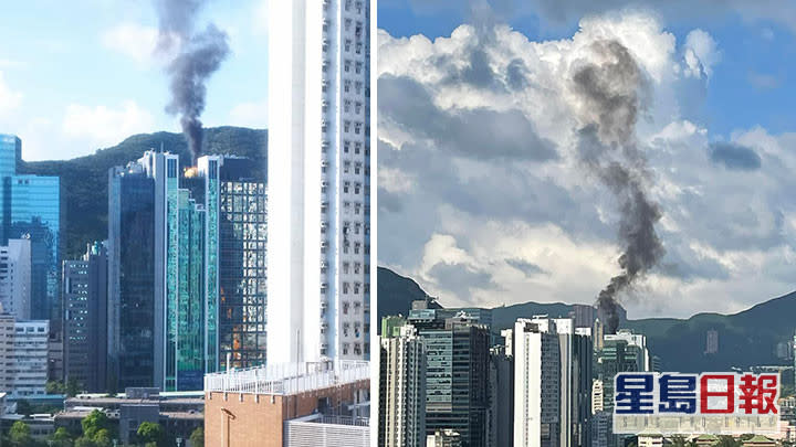 黃竹坑一幢工廈的天台發生火警，濃煙席捲半空遠處可見。網上圖片