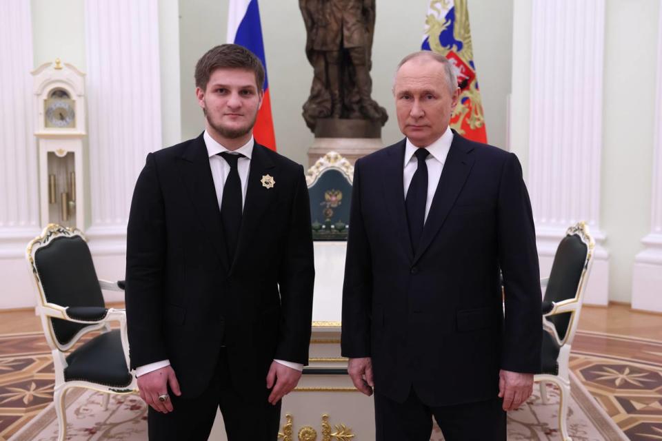 The son of Chechen strongman, Akhmat Kadyrov (L), with Russian President Vladimir Putin (R) in Moscow, Russia in March 2023. (Ramzan Kadyrov's Telegram channel)