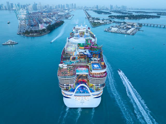 <p>Royal Caribibean</p> Icon of the Seas sailing towards Miami.