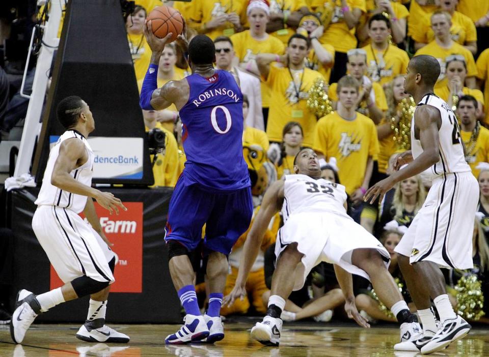 KU’s Thomas Robinson charged into MU’s Steve Moore late in Saturday’s game, taking away a basket for the Jayhawks in Missouri’s 74-71 win on Feb. 4, 2012 at Mizzou Arena.