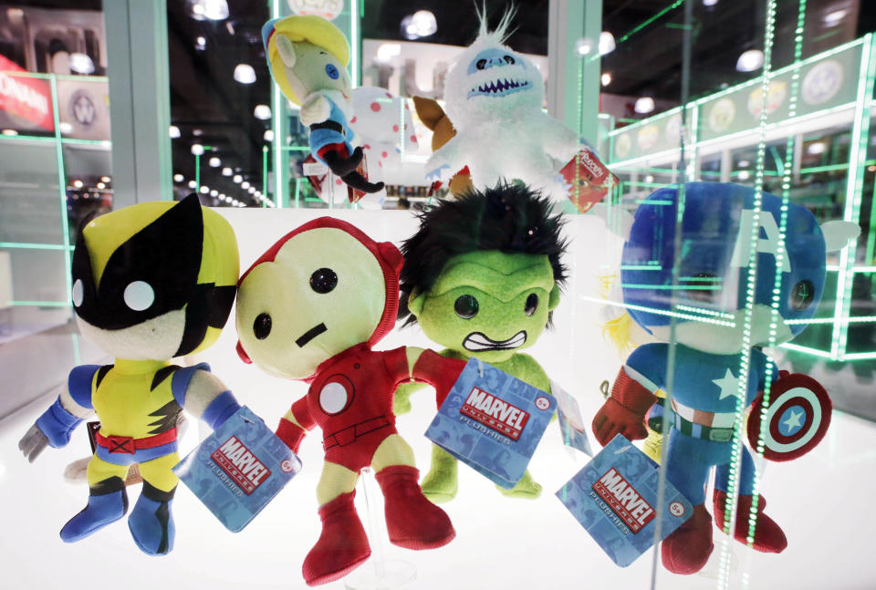 Plush dolls, based on Marvel Comic's characters and manufactured by Funko, are displayed at the American International Toy Fair, Monday, Feb. 11, 2013 in New York. (AP Photo/Mark Lennihan)