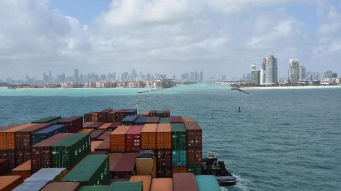 A cargo ship entering the Port of Miami. (NOAA)