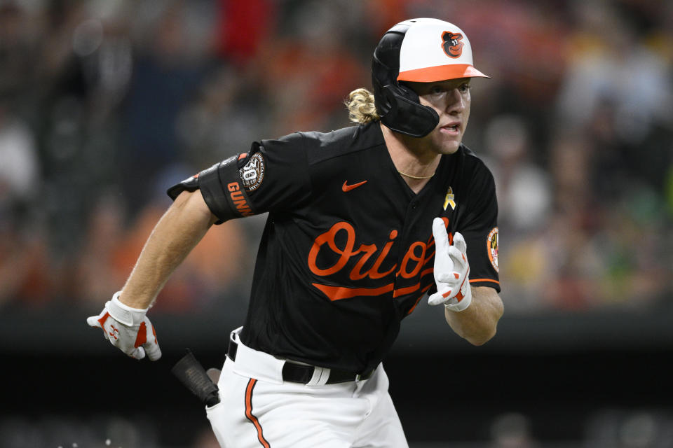 Baltimore Orioles' Gunnar Henderson runs toward first on his double during the third inning of the team's baseball game against the Oakland Athletics, Friday, Sept. 2, 2022, in Baltimore. (AP Photo/Nick Wass)