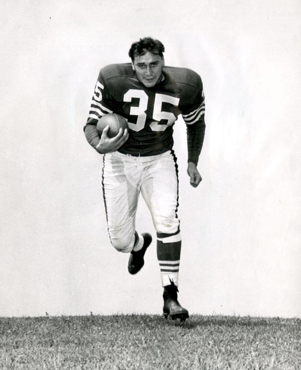 Alan Ameche, former University of Wisconsin running great, shown in his Baltimore Colts uniform in 1955.