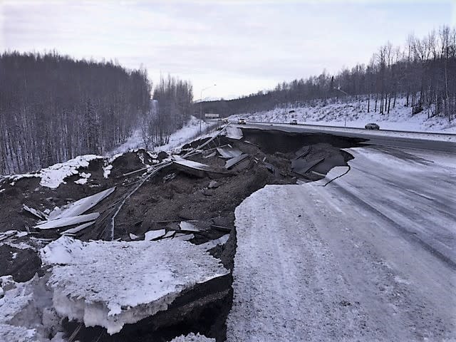 Earthquake damage is seen on the Glenn Highway near Mirror Lake on Nov. 30, 2018. That day, a magnitude 7.1 earthquake struck and caused widespread structural damage in Southcentral Alaska. (Photo provided by Alaska Department of Transportation and Public Facilities)