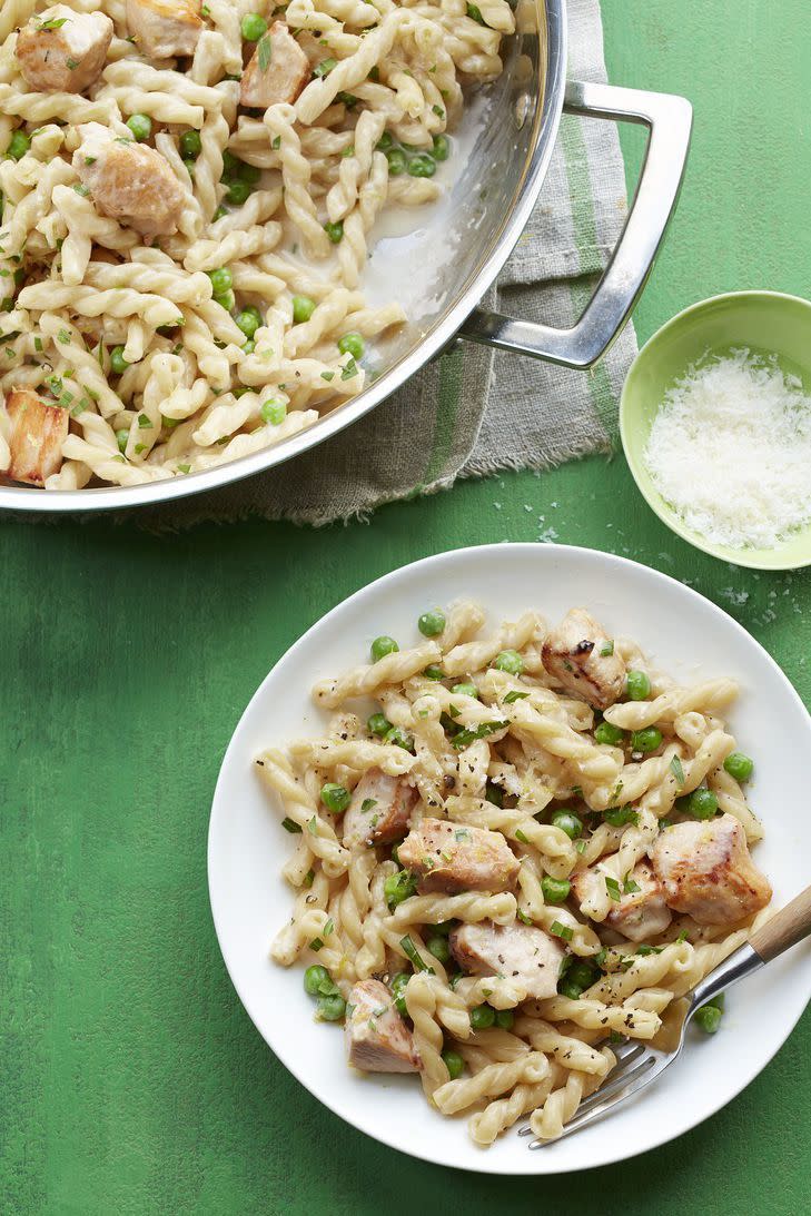 <p>Cream cheese makes a quick velvety sauce with less saturated fat than heavy cream.</p><p><em><a href="https://www.womansday.com/food-recipes/food-drinks/recipes/a54441/lemon-chicken-and-pea-gemelli-recipe/" rel="nofollow noopener" target="_blank" data-ylk="slk:Get the Lemon Chicken and Pea Gemelli recipe.;elm:context_link;itc:0;sec:content-canvas" class="link ">Get the Lemon Chicken and Pea Gemelli recipe.</a></em></p>