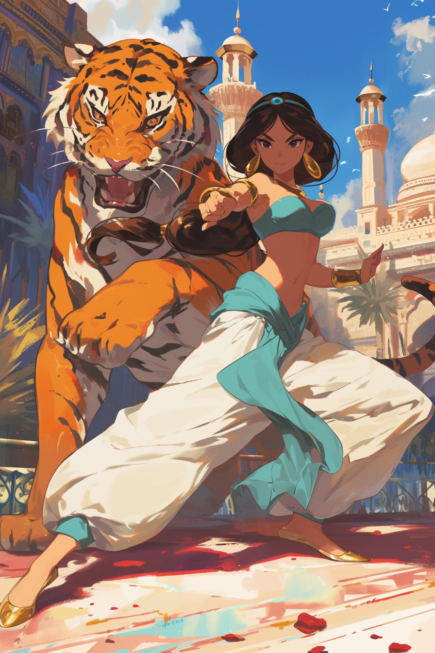 Illustration of animated character Jasmine with a tiger, in a dynamic pose, set in a stylized cityscape background