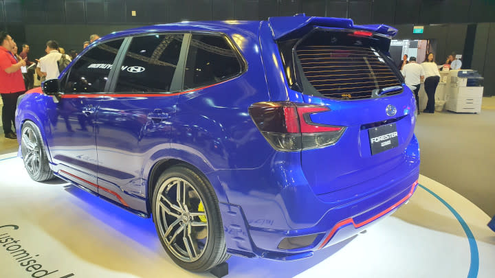 Subaru Forester Ultimate Customized Kit Special edition on show at the 2020 Singapore Motor Show. The car is electric blue with details and black-tinted windows. 