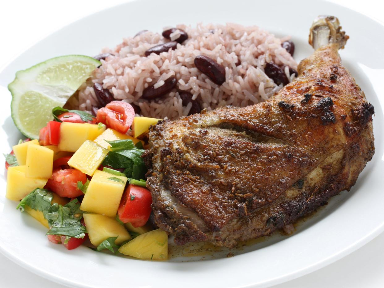 Jamaican rice and peas with chicken and vegetables