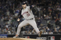 Houston Astros starting pitcher Justin Verlander (35) delivers against the New York Yankees during the first inning of Game 5 of baseball's American League Championship Series, Friday, Oct. 18, 2019, in New York. (AP Photo/Frank Franklin II)