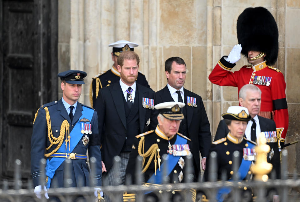 <p>LONDON, ENGLAND - SEPTEMBER 19: William, Prince of Wales, Prince Harry, Duke of Sussex, Peter Phillips, King Charles III, Anne, Princess Royal and Prince Andrew, Duke of York depart the State Funeral of Queen Elizabeth II at Westminster Abbey on September 19, 2022 in London, England. Elizabeth Alexandra Mary Windsor was born in Bruton Street, Mayfair, London on 21 April 1926. She married Prince Philip in 1947 and ascended the throne of the United Kingdom and Commonwealth on 6 February 1952 after the death of her Father, King George VI. Queen Elizabeth II died at Balmoral Castle in Scotland on September 8, 2022, and is succeeded by her eldest son, King Charles III. (Photo by Samir Hussein/WireImage)</p> 