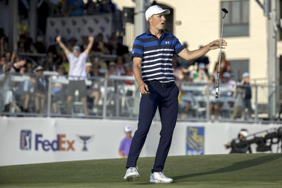 Jordan Spieth reacts after missing a birdie putt on the 18th green during the final round of the RBC Heritage golf tournament, Sunday, April 16, 2023, in Hilton Head Island, S.C. (AP Photo/Stephen B. Morton)