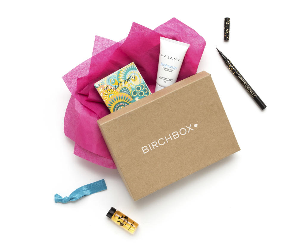 This undated publicity photo provided by Birchbox shows a typical monthly beauty sample shipment. Consumers can subscribe to companies like Birch Box to receive monthly shipments of beauty product samples. (AP Photo/Courtesy of Birchbox)