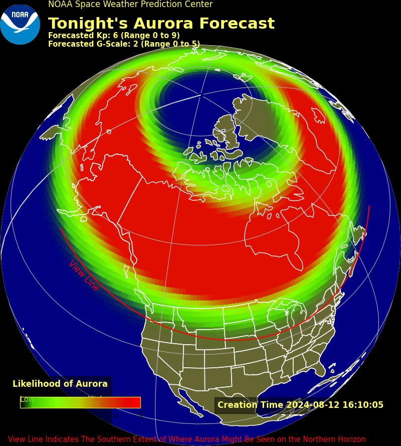 A graphic from NOAA showing what the "viewline" is for seeing the Northern Lights tonight, Aug. 12. The lights will also be making an appearance on the evening of Aug. 13, according to NOAA.