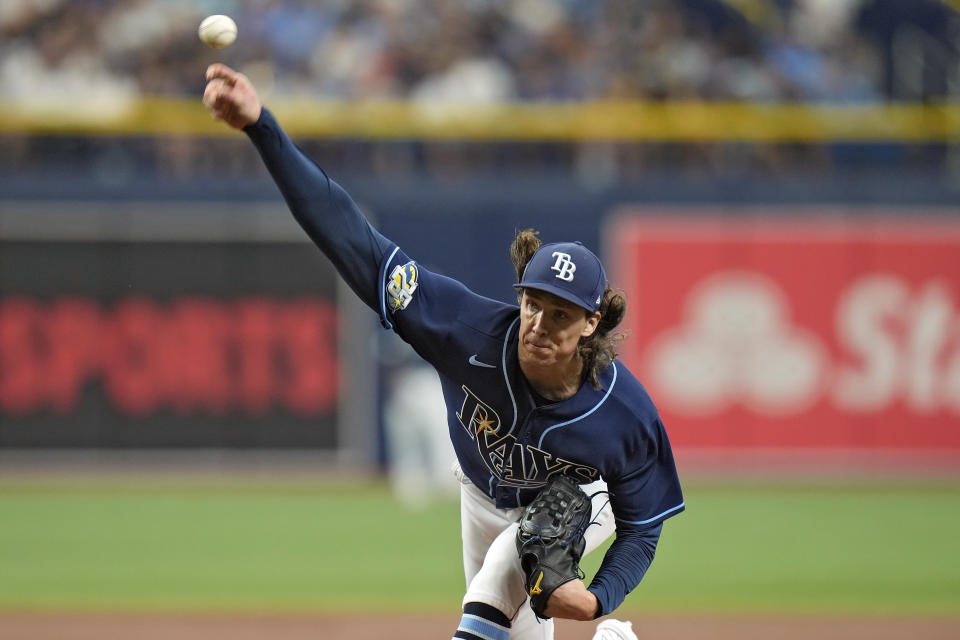 Tampa Bay Rays pitcher Tyler Glasnow delivers to the Los Angeles Dodgers during the first inning of a baseball game Saturday, May 27, 2023, in St. Petersburg, Fla. (AP Photo/Chris O'Meara)