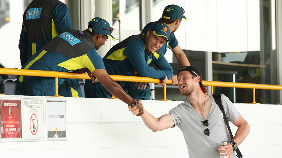 Bancroft greeted the Aussie team before the Perth Test. Pic: Getty