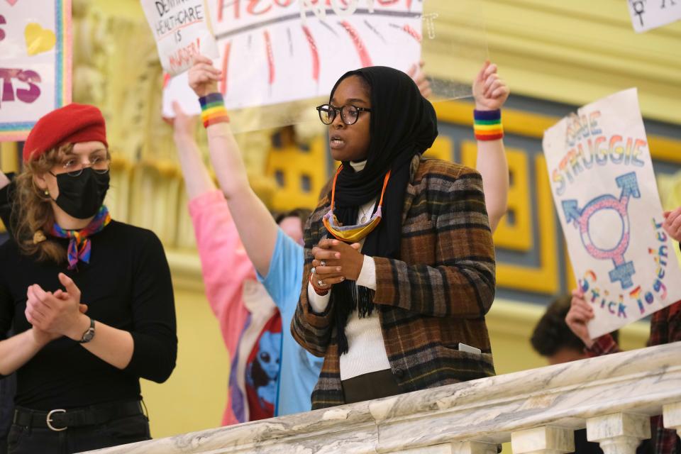 Rep. Mauree Turner addresses a trans rights rally during the start of the Legislature and Gov. Kevin Stitt's State of the State speech to the joint session Monday, February 6, 2023.