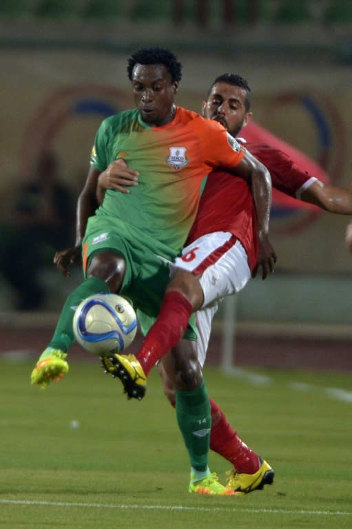 Jackson Mwanza (front) scored twice within three minutes to give ZESCO a two-goal lead over Mamelodi in the first-leg, which was halved with only three minutes left