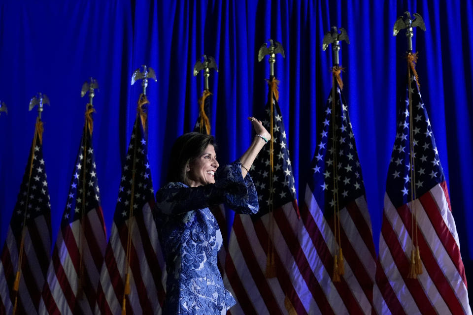 Republican presidential candidate former UN Ambassador Nikki Haley waves to the audience as she speaks at a New Hampshire primary night rally, in Concord, N.H., Tuesday Jan. 23, 2024. (AP Photo/Charles Krupa)