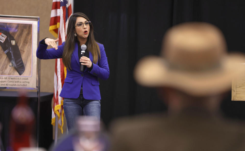 Rep. Lauren Boebert, R-Colo., delivers her speech at the Montezuma County Lincoln Day Dinner at the Ute Mountain Casino Hotel, Saturday, Oct. 28, 2023, in Towaoc, Colo. (AP Photo/Jerry McBride)