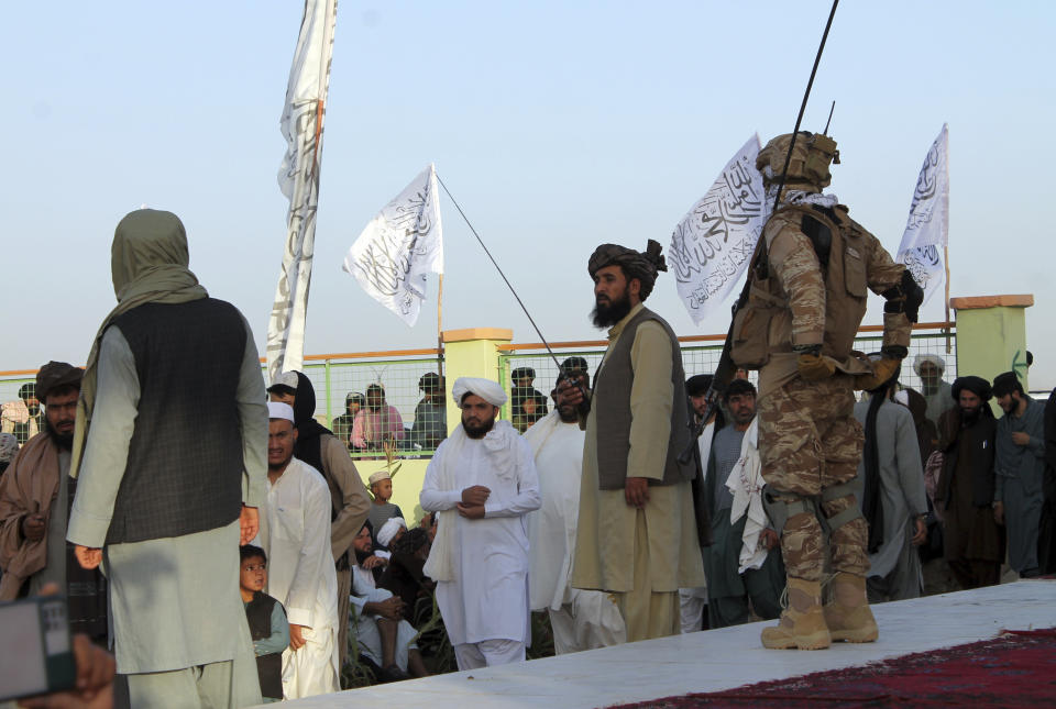 Taliban commando fighters and officials attend a gathering to celebrate their victory in Lashkar Gah, Helmand province, southwestern, Afghanistan, Friday, Aug. 27, 2021. (AP Photo/Abdul Khaliq)