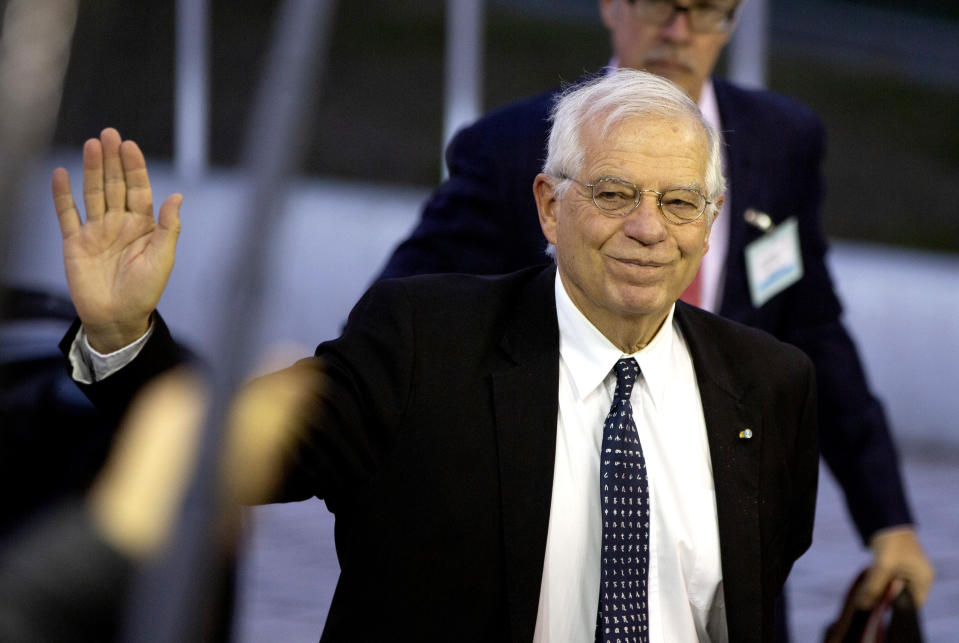 Incoming European Union foreign policy chief Josep Borrell arrives for a meeting of EU foreign ministers at the European Convention Center in Luxembourg, Monday, Oct. 14, 2019. Some European Union nations are looking to extend moves against Turkey by getting more nations to ban arms exports to Ankara to protest the offensive in neighboring Syria. (AP Photo/Virginia Mayo)
