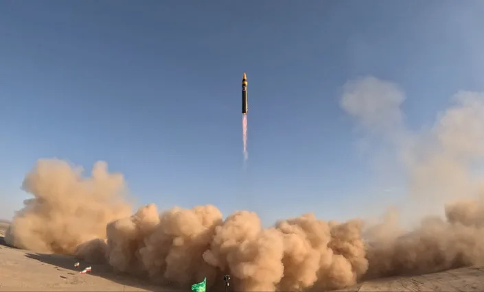 Iran's medium-range ballistic missile called Hayber (Hurremshahr-4) is seen after the launch during the promotional program organized with the participation of high-ranking military officials in Tehran, Iran, on May 7, 2023. There is international uncertainty about whether Iran is currently pursuing atomic weapons.